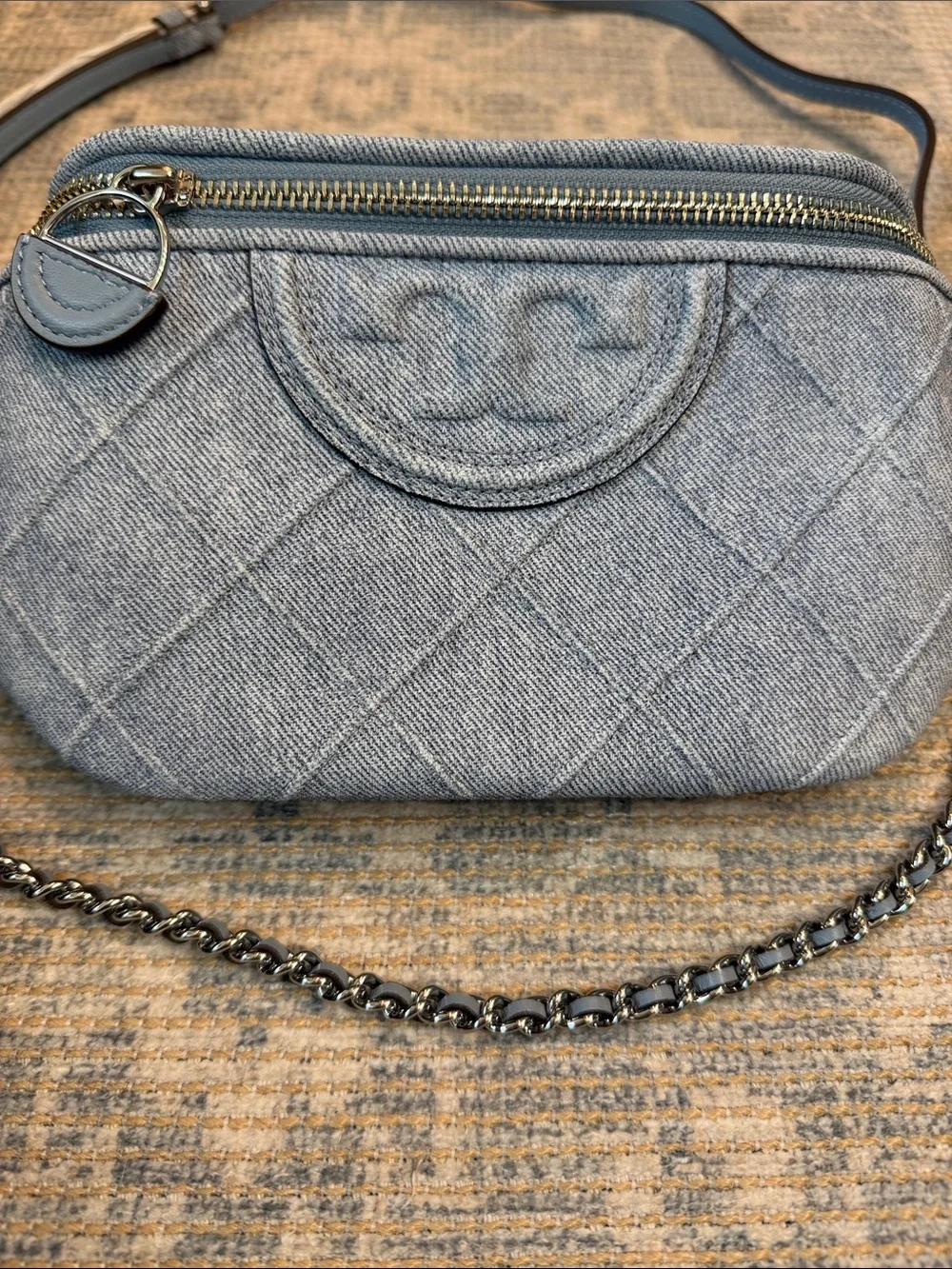 Tory Burch Denim-Print Suede Quilted Fleming with Chain Strap